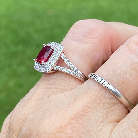 Simulated Ruby ring .925 Sterling Silver 10 mm Ruby surrounded 2 layers CZ sz 7 - Picture 4 of 16